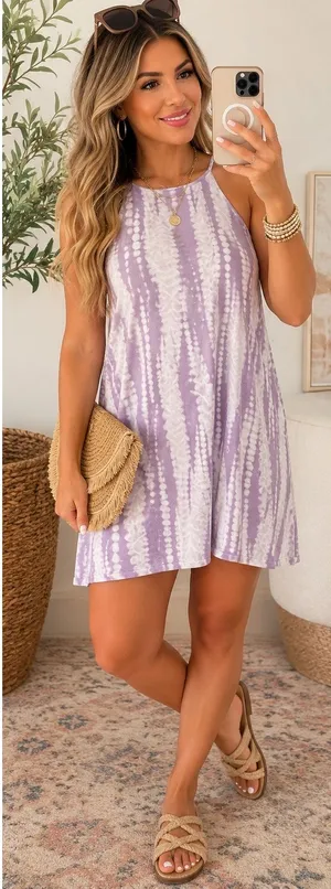 Tyche Lavender Tie Dye Racerback Shift Mini Dress | Boho Resort Vacation, S thumbnail 1