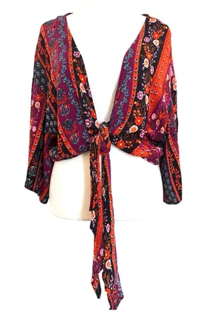 PATRONS OF PEACE by Anthropologie, boho floral, front tie shrug, size M thumbnail 1