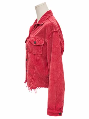 POL Red Corduroy Trucker Jacket Medium Distressed Raw Hem Boho thumbnail 2