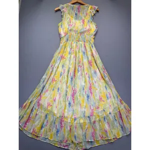 Anthropologie Watercolor Maxi Dress Yellow‎ Pink Blue Smocked Waist Size 4 thumbnail 9
