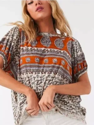 Free People Paisley Puff Sleeve Top Size Small NWT thumbnail 2