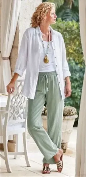 ✨Soft surroundings metallic striped linen blend elastic waist pants✨ thumbnail 1