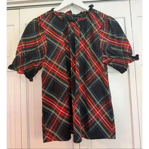 J.crew plaid ruffle neck puff sleeve top M Red Size M thumbnail 2