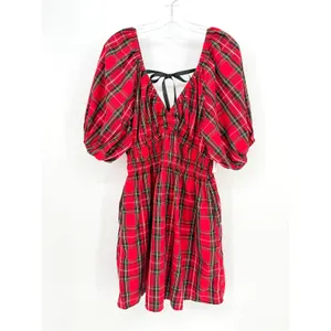Old‎ Navy Tartan Plaid Mini Dress Womens Medium Red Smocked Puff Sleeve Holiday thumbnail 3
