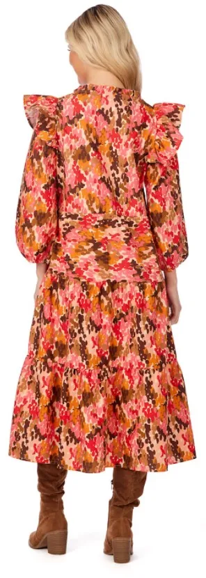 Mudpie V-Neck Ruffle Detail Patterned Midi Dress Pink Orange Multi thumbnail 3
