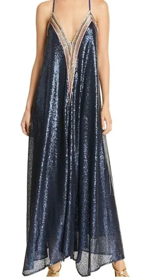 AQUA Happily Grey Sequin Maxi‎ Dress Womens Small Navy Striped Glam Formal Boho thumbnail 1