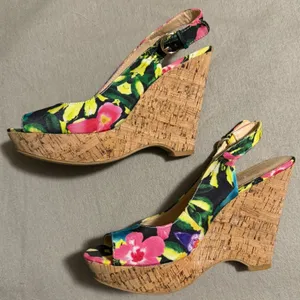 Nine West Massie Floral Cork Wedge Slingback Sandals Multicolor Peep Toe 6.5M thumbnail 2
