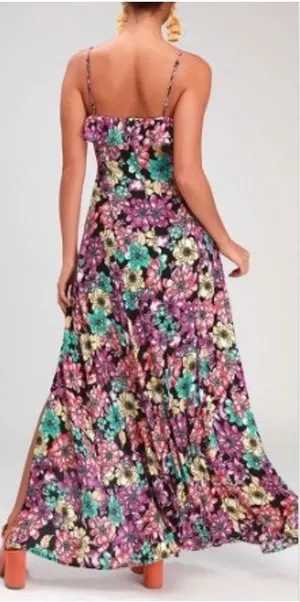 Lulus Dynah Black Floral Print Sleeveless Maxi Dress Fairy Vacation Party Sz M thumbnail 1