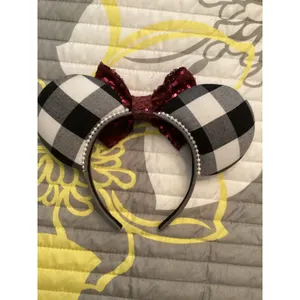 Handmade Disney Minnie Mouse Black White Buffalo Plaid Pattern Purple Sequin Ear thumbnail 2