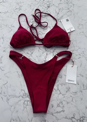 NWT Quince Cherry Red Italian Triangle Bikini Top & High Leg Ring Bottom Small thumbnail 1