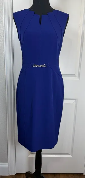 Ellen Tracy Royal Blue Notched Neck Sheath Dress w/ Horsebit Waist Detail Size 4 thumbnail 1