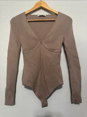 Abercrombie & Fitch Taupe Mauve Mixed Knit Ribbed Long Sleeve Bodysuit Small thumbnail 1