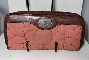 VTG Fossil Key-Per Floral Wallet Brown Leather Zip Around Clutch Organizer Purse thumbnail 1