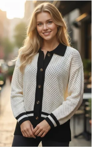 NWT Ann Taylor Factory Black and White Open Knit Cardigan White Black XL thumbnail 1