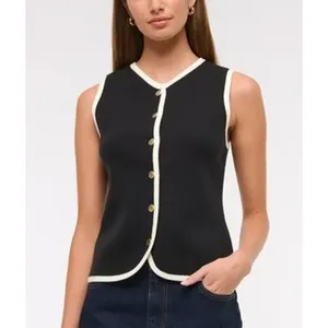 Abercrombie Mara V-Neck Gold Button Sweater Vest Womens M Black Preppy Old Money thumbnail 10