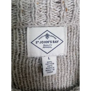 St Johns Bay Wm LG Cable Knit Sweater Tan Marl Button Shoulder Mock Neck Indie thumbnail 3