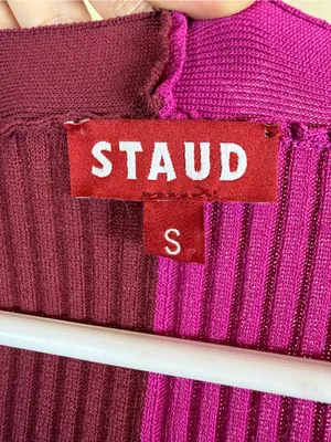 STAUD Shoko Colorblock Ribbed Knit Sweater Dress Fuchsia Bordeaux Midi Size S thumbnail 5