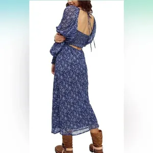 Free People Aglow Smocked Dress Sz SM Blue Floral Boho Cottage thumbnail 2