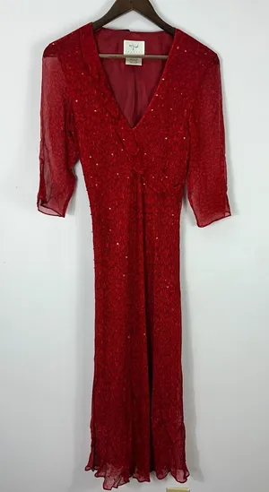 Vision‎ Apparel Dress 6 Red Silk Sequin Sheer Sleeve Midi Gown Y2K Vintage Glam thumbnail 1