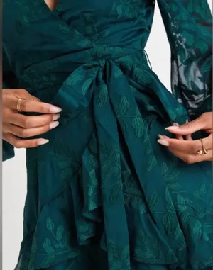 Lulus Green Leaf Embroidered Long Sleeve Tiered Mini Dress M thumbnail 3