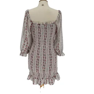 Aura‎ Floral Smocked Mini Dress Large Cream Red Square Neck Boho Cottagecore thumbnail 4