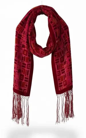 Whimsigoth Red Velvet‎ Burnout Scarf Fringe Gothic Art Deco Long Wrap 9.5Wx76H thumbnail 1