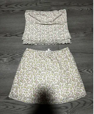 See You Monday Floral Mesh Two Piece Set Pink Rose Tube Top Mini Skirt Large thumbnail 1