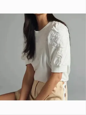 By Anthropologie Embroidered Puff Sleeve Sweatshirt in Ivory thumbnail 2