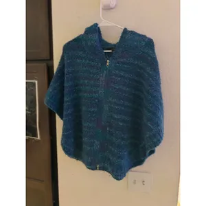 Fever Y2K Teal Blue Boucle Knit Hooded Zip Front Poncho Sweater Women Small thumbnail 2