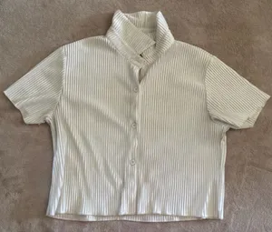 Lyaner Cream Pleated Short Sleeve Button Up Blouse White thumbnail 5