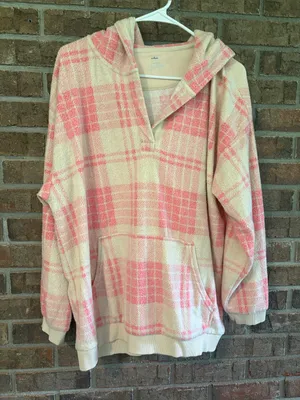 Aerie Snowed In Pink and Cream Plaid Fleece Hoodie thumbnail 1