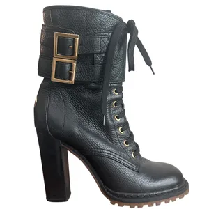 Tory Burch Combat Boots Black Leather Double Buckle Heeled Moto Size 9 thumbnail 2
