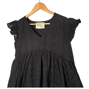 Black Eyelet Babydoll Embroidered Floral Mini Dress Size M Empire Waist Folk thumbnail 8