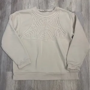 Zara Womens‎ Cream Embroidered Bib Sweatshirt Long Sleeve Crew Neck Small thumbnail 2