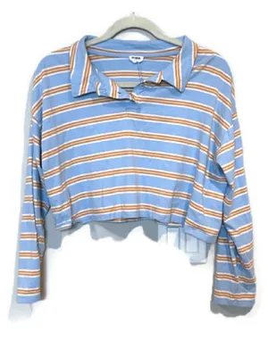 Cotton On Light Blue and Mustard Striped Cotton Cropped Long Sleeve Polo thumbnail 1