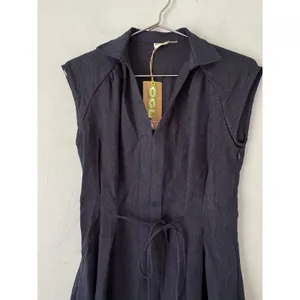 NWT OGL Viscose Linen Collared V-neck Midi Dress Drawstring Denim Navy Small thumbnail 5