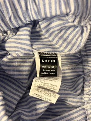 SHEIN Linen-Style Mid Rise Flare Elastic Waist Pants Blue White Stripes Womens L thumbnail 3
