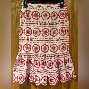 Boden Broderie Embroidered‎ Scalloped Lined Hem Midi Skirt Red White Size 2P thumbnail 11