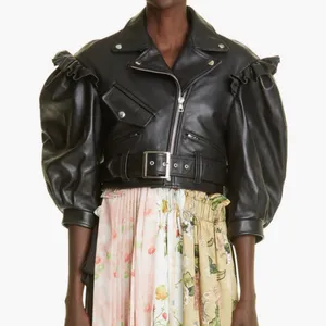 Simone Rocha Black Leather Jacket with Ruffle Accents Size 6 thumbnail 1