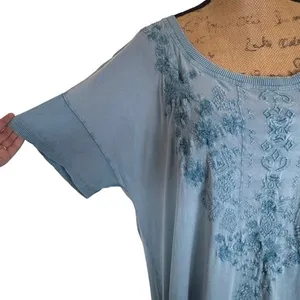 Caite Blue Embroidered Cotton Maxi Dress Short Sleeve Boho Lagenlook Size 1X thumbnail 2