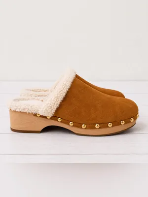 Caslon Cozy Sherpa-Lined Gold Studded Cognac Brown Suede Mule Clog Shoes Size 9 thumbnail 3