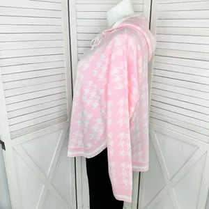 Crown & Ivy Houndstooth‎ Hooded Long Sleeve Poncho Sweater Pink White Large thumbnail 2