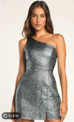 Modern Dream Teal Metallic Jacquard One-Shoulder Mini Party Dress thumbnail 1