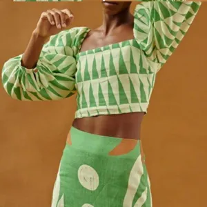 Anthropologie Maison d’Amé Paris Green White Geometric Puff Sleeve Crop Top L thumbnail 1