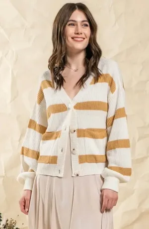 Anthropologie Moon River Cream Brown‎ Stripe Cardigan Sweater Women's Size L thumbnail 1