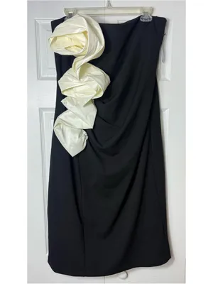 New York & Company Black Cream 3D Rosette Strapless Cocktail Dress Midi XL NWT thumbnail 3