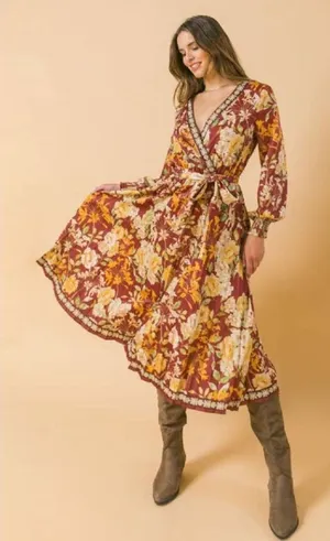 Flying Tomato Burgundy Floral Long Sleeve Maxi Dress thumbnail 1