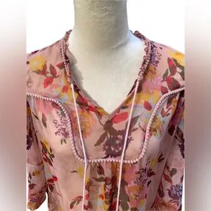Buckle Boutique Boho Floral Sheer Tunic Top Size S |‎ Pink Lace Tassels Ruffle Hem thumbnail 6