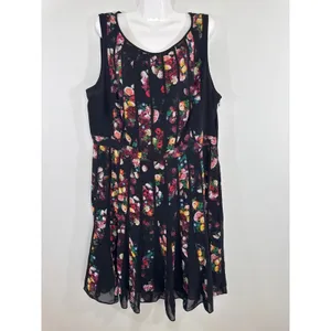 Adrianna Papell Black Floral Pleated Sleeveless Midi Dress Wedding Guest Size 14 thumbnail 2