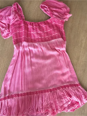 Pink Smocked Puff Sleeve Mini Dress Small NWOT Blue B thumbnail 1